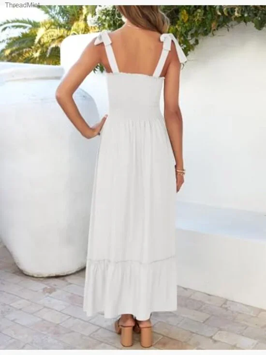 Boho Spaghetti Strap Square Neck Ruffle Maxi Dress Summer Beach - Picture 5 of 7